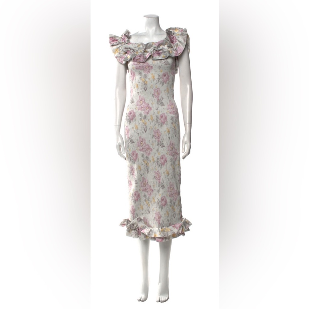 V. Chapman The Lilac Floral Ruffle Midi Dress